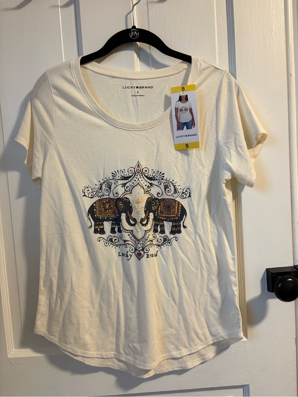 Lucky Brand Cream Short Sleeve Elephant Tee with Navy & Brown Accents